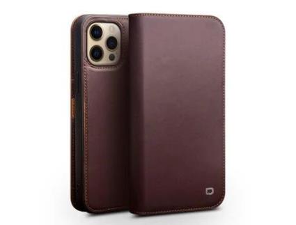 Capa de couro genuíno QIALINO com suporte marrom para iPhone 13 Pro 6.1