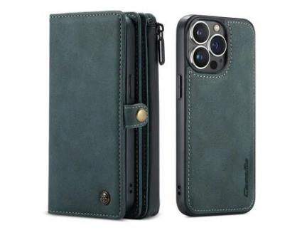 Capa PU + TPU CASEME superfície fosca destacável com suporte verde para iPhone 13 Pro 6.1