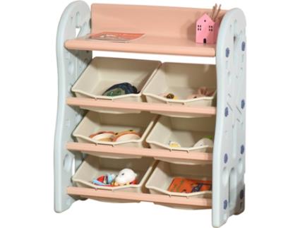 HOMCOM Organizador de Brinquedos para crianças tipo Estante Infantil com 6 Caixas para quarto Sala de Jogos Creche 76x36x92cm Creme Coral Azul