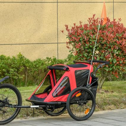 HOMCOM Reboque de Bicicleta para Crianças acima de 18 Meses 2 em 1 Carrinho de Passeio de 2 Lugares com Guidão de Altura Ajustável Barra Bandeira e Refletores 160x83x96cm Vermelho e Preto
