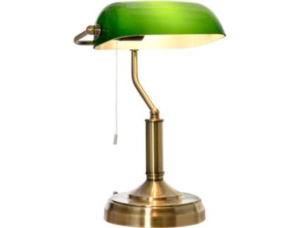 HOMCOM Candeeiro de Mesa Estilo Banqueiro com Interruptor de Corda e Ecrã de Cristal Candeeiro Decorativo de Metal para Dormitórios Sala de Estar 27,5x17,5x39cm Verde