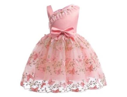 Vestido NNJXD Princesa Ombro Bordado Borboleta Poliéster para Menina (100 cm - Rosa)