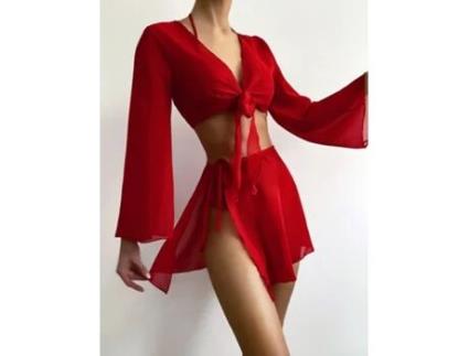 Conjunto de Quatro Peças de Maiô Biquíni Feminino Cor Sólida (M)