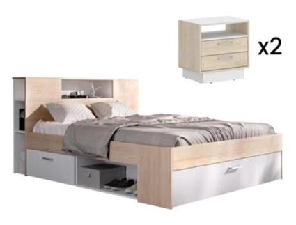 Cama e Mesas de Cabeceira e Cabeceira VENTE-UNIQUE (160 x 200 cm - Derivados de Madeira - Castanho)