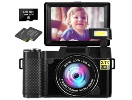 Câmara Digital MOROROR  30.0 Mp 2.7K 128Gb  Hd Full Vlog  de Vídeo com Lente Grande Angular Ecrã Flip de 3 Polegadas