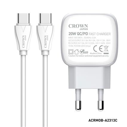 CROWN JAPAN Carregador USB-C - USB-C, QC 3.0, Cabo de 1 m, Branco