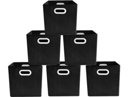 Conjunto de 6 Cubos de Armazenamento Dobráveis Tecido Não Tecido Papelão de 2 Mm Alça de Plástico 28 X 28 X 28 Cm Preto