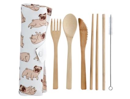 Conjunto de 6 Talheres de Bambu para Cão Pug e Bolsa de Arrumação PUCKATOR Mopps