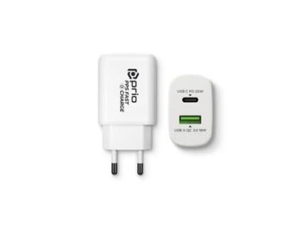 Carregador de Parede PRIO Quick Charge 25W Pd Pps Usb C+Qc 3.0 Usb a Branco