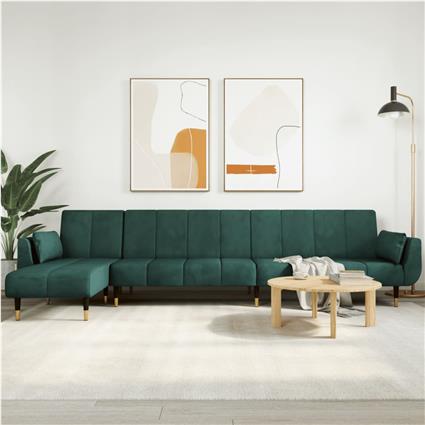 vidaXL Sofá-cama em forma de L 275x140x70 cm veludo verde-escuro