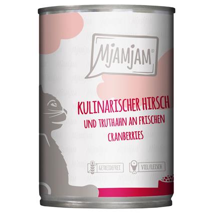 MjAMjAM 6 x 400 g comida húmida para gatos - Cervo e peru com mirtilos-vermelhos frescos