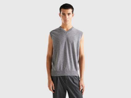 Benetton, Colete Cinzento Em Pura Lã Merino, size XXL, Cinzento, Homem