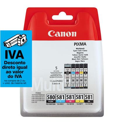 Canon Tinteiro PGI-580 (Preto) + CLI-581 (Azul, Magenta, Amarelo, Preto), Pack 5 Unidades