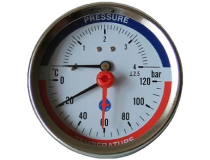 Termomanómetro de Temperatura e Pressão 80 mm Mostrador 0-120 °C 0-2,5 Bar Entrada Traseira 1/2 Polegada Bsp