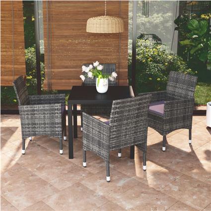vidaXL 5 pcs conjunto de jantar p/ jardim c/ almofadões vime PE cinza
