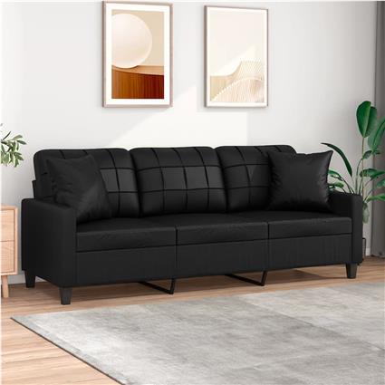 vidaXL Sofá 3 lugares + almofadas decoração 180 cm couro artif. preto