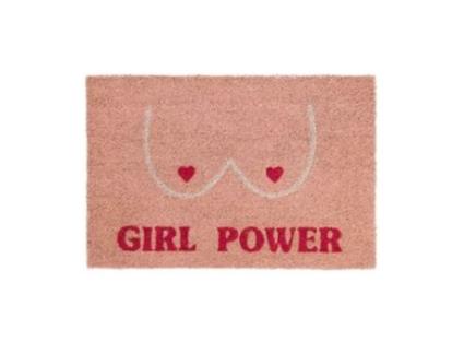 Tapete de Fibra de Coco Original Girl Power com Suporte Antiderrapante em Pvc Capacho de Entrada Pintado À Mão Tamanho: 60 X 40  FISURA