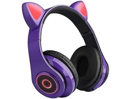 Auscultadores Bluetooth Orelha de gato fofinha sem fio 5.0 sobre a orelha com 7 cores de led roxo claro