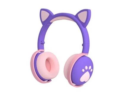 Auscultadores Bluetooth Jogos de computador com redução de ruído de orelha de gato para jogos estéreo roxo