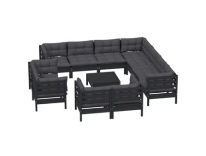 Conjunto Lounge Jardim com Almofadões Pinho Maciço Preto 12 Un
