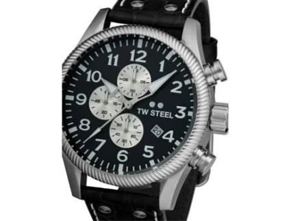 Relógio masculino couro real preto Vs110 TW-STEEL