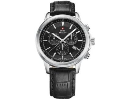 Relógio masculino preto couro real cronógrafo Sm34052.08 SWISS MILITARY BY CHRONO