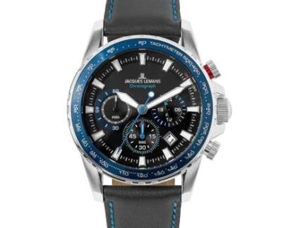 Relógio masculino preto couro real 1-2099B.1 JACQUES LEMANS
