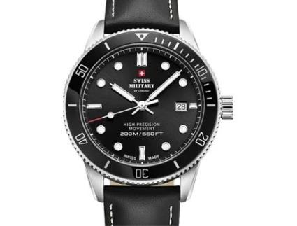 Relógio masculino preto couro real quartzo mergulhador sm34088.04 SWISS MILITARY BY CHRONO