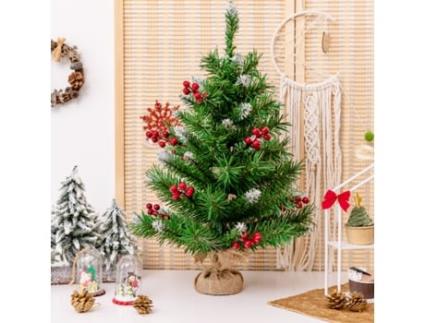 Enfeite de Natal CTW Costway Escritorio Árbol Nevada Realístico Ramas Racimos Bayas Cinzento (60 cm)