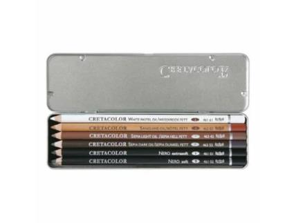 Defina 6 Lápis Gordurosos para Esboços Branco Sangue Sépia Clara Sépia Escura Tenente Extra Preto Terno BREVILLIER'S CRETACOLOR