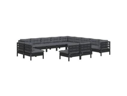 Conjunto Lounge Jardim com Almofadões Pinho Maciço Preto 13 Un