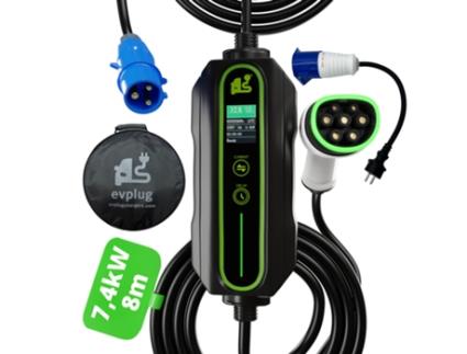 Carregador Portátil EVPLUG® EV PHEV Carro Eléctrico + Adaptador + Temporizador (Tipo 2 | 8m, 7,4kW | 32A)