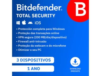 Software BITDEFENDER Total Security (3 Dispositivos - 1 ano - PC, Mac, Smartphone e Tablet - Formato Digital)