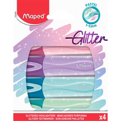 Marcadores Fluorescentes Glitter, Ponta de Cinzel, 1-5 mm, Várias Cores Pastel, Pack 4 Unidades