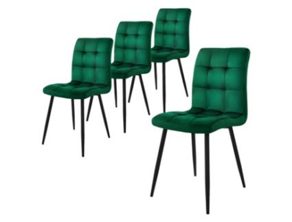 Conjunto de 4 Cadeiras de Jantar com Estofo em Veludo Verde Escuro e Pernas de Metal Incluindo Material de Montagem ML-DESIGN