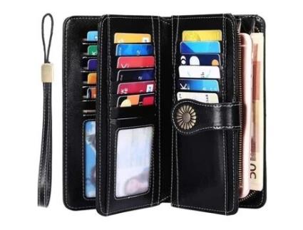 Carteira de Couro Bolsa de Moedas com Bloqueio de Rfid Titular Do Talão de Cheques Titular Do Cartão para 24 Cartões Fecho de Zíper Preto DARMOWADE