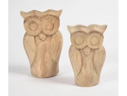 Peça Decorativa LUV SAFFRON Raw Hand Carved Wooden Owl Figurines Set Of 2