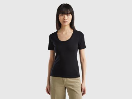 Benetton, T-shirt De Manga Curta Em Algodão De Fibra Longa, size XS, Preto, Mulher