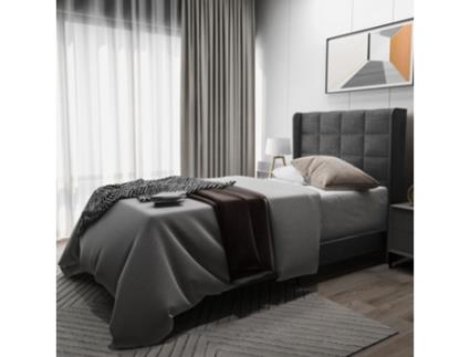 Cama de Solteiro com Cabeceira Estofada Almofadada Base Ripas Firmeza Média YUETOPP Linho Cinzento (90x200cm)