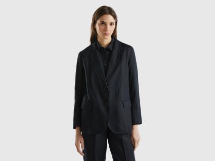 Benetton, Blazer Em Linho Puro, size , Preto, Mulher