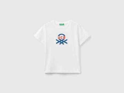 Benetton, T-shirt 100% Algodão Orgânico Com Estampa, size 3-4, Branco, Crianças