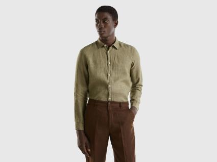 Benetton, Camisa Em Puro Linho, size S, Verde-escuro, Homem