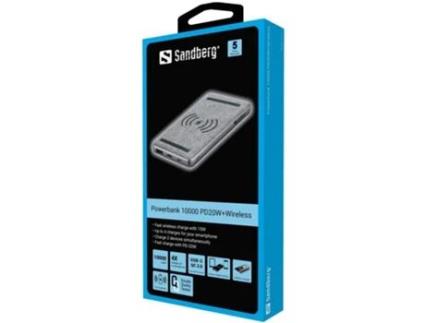 Sandberg 420-61 Power Bank Polímero de Lítio Lipo 10000 Mah Carregamento Wireless Preto Cinzento