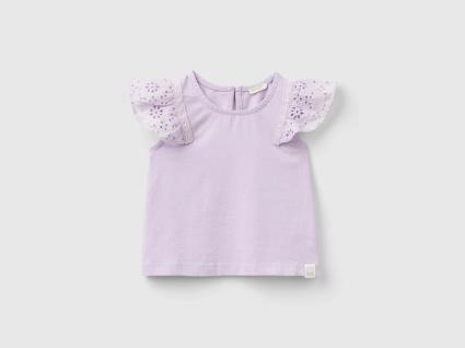 Benetton, T-shirt Com Manga Bordado Inglês, size 3-6, Lilás, Crianças