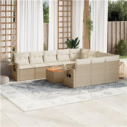 vidaXL 11 pcs conjunto sofás de jardim c/ almofadões vime PE bege