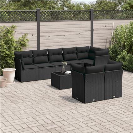 vidaXL 9 pcs conjunto de sofás p/ jardim c/ almofadões vime PE preto