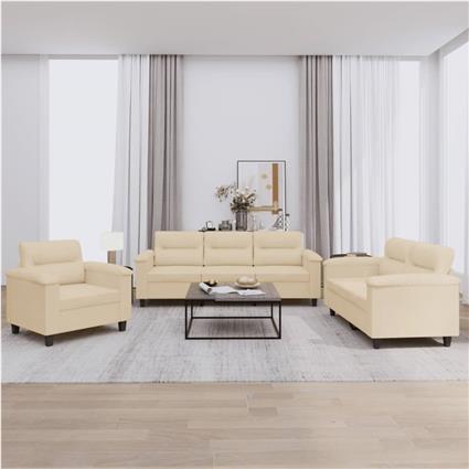 vidaXL 3 pcs conj. sofás c/ almofadões tecido de microfibra cor creme