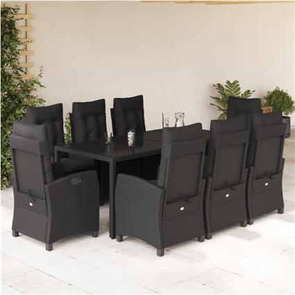 vidaXL 9 pcs conjunto de jantar p/ jardim c/ almofadões vime PE preto