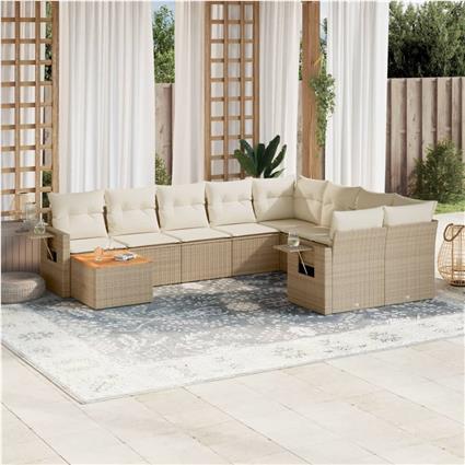vidaXL 10 pcs conjunto de sofás p/ jardim com almofadões vime PE bege