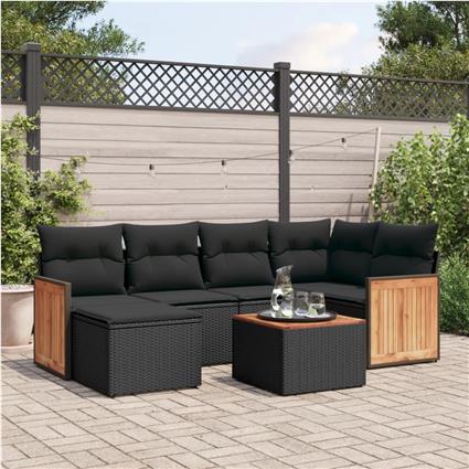 vidaXL 7 pcs conjunto de sofás p/ jardim c/ almofadões vime PE preto